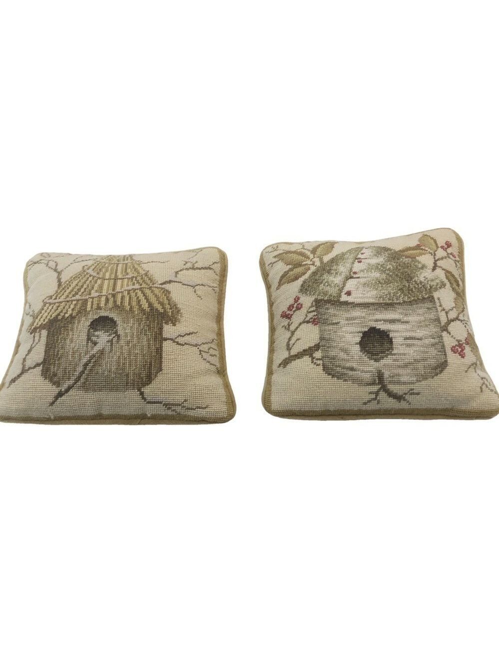 Katha Diddel Home Collection wool needlepoint pillows. Bird house sun room